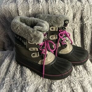London Fog Girls Knit Trim Snow Boots - Size 1 - Gray/Pink